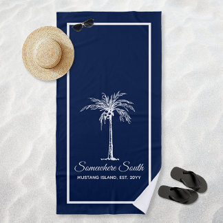 Elegant Navy Blue White Palm Tree Personalized Beach Towel