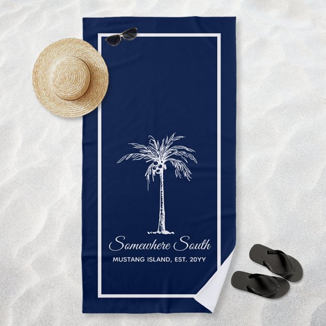 Elegant Navy Blue White Palm Tree Personalized Beach Towel (Elegant Navy Blue White Palm Tree Personalized Beach Towel)