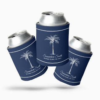 Elegant Navy Blue White Palm Tree Personalized Can Cooler