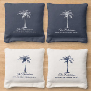 Elegant Navy Blue White Palm Tree Personalized Cornhole Bags