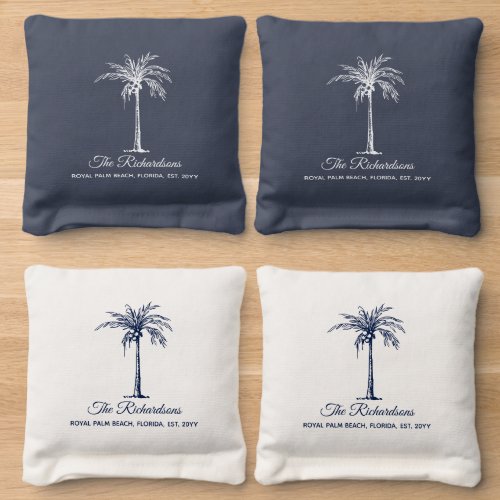 Elegant Navy Blue White Palm Tree Personalized Cornhole Bags