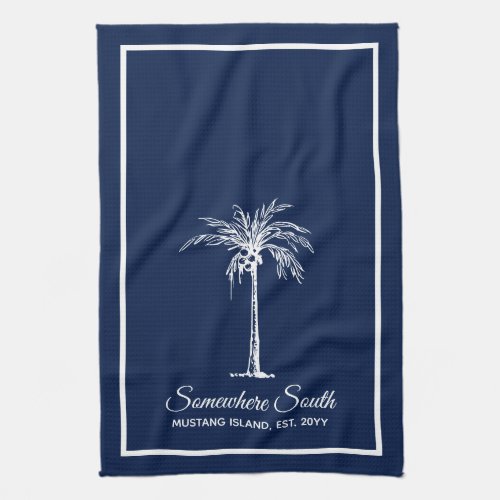 Elegant Navy Blue White Palm Tree Personalized Kitchen Towel