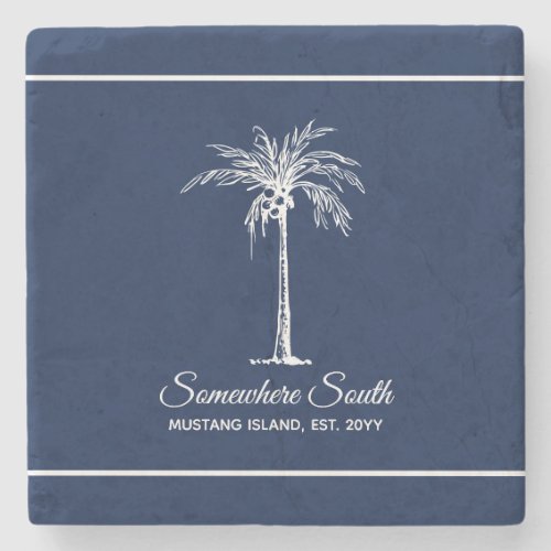 Elegant Navy Blue White Palm Tree Personalized Stone Coaster