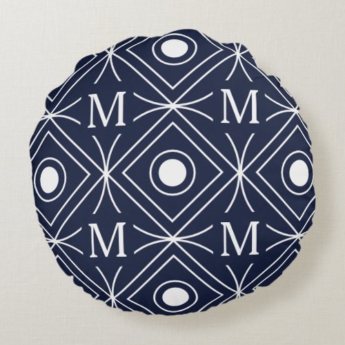 Elegant Navy Blue White Pattern Monogram   Round Pillow