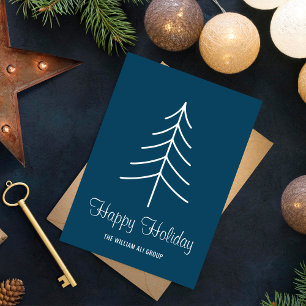 Elegant Navy Blue & White Pine Tree Business Holiday Card