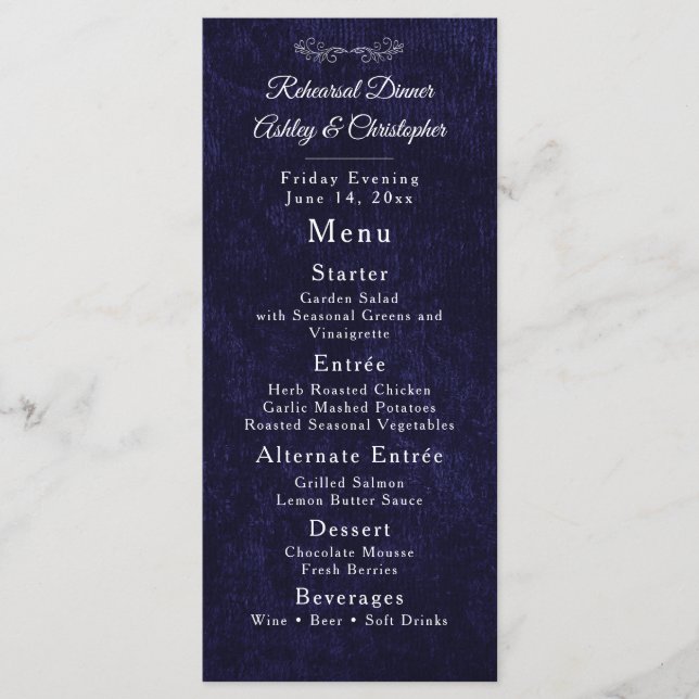 Elegant Navy Blue White Rehearsal Dinner Menu (Front)