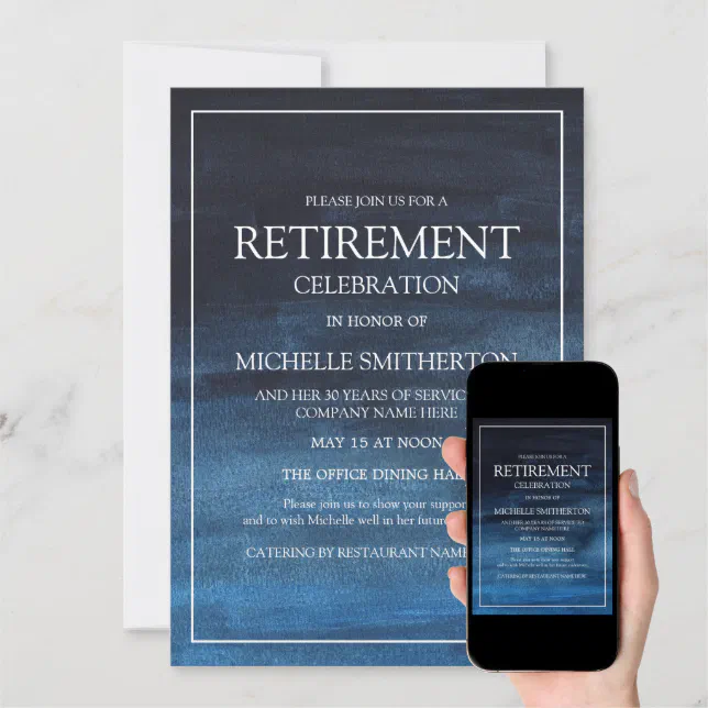 Elegant Navy Blue White Retirement Party Invitation | Zazzle