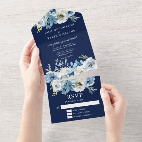 Elegant Navy Blue White Rose Floral Winter Wedding All In One Invitation