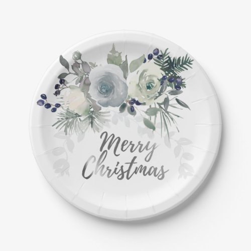 Elegant Navy Blue White Rose Merry Christmas Paper Plates