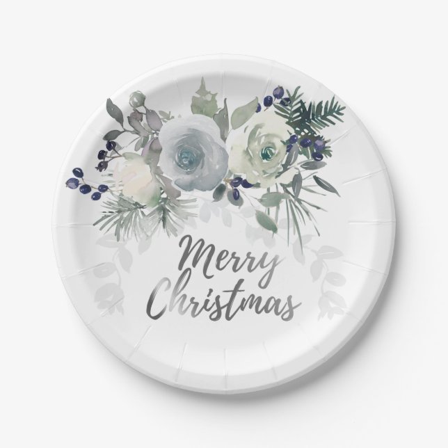 Elegant Navy Blue White Rose Merry Christmas Paper Plates (Front)