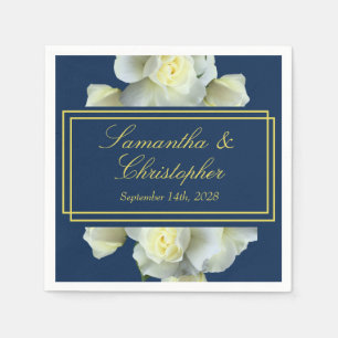 Elegant Navy Blue White Roses Minimal Gold Script Napkins