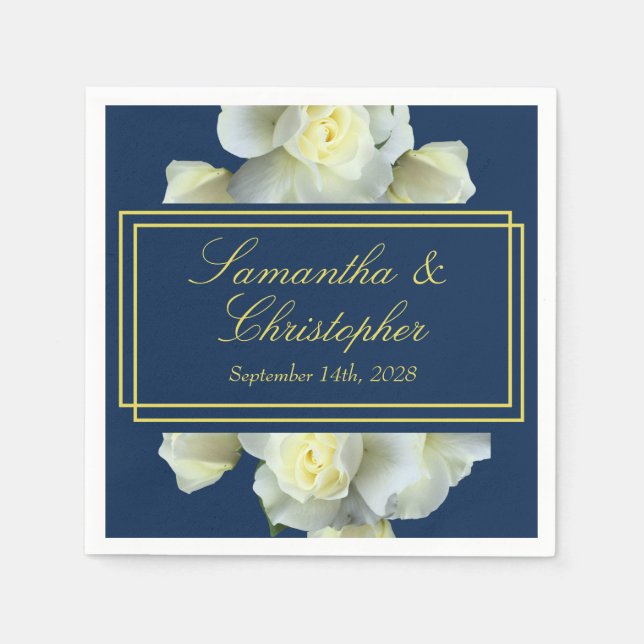 Elegant Navy Blue White Roses Minimal Gold Script Napkins (Front)
