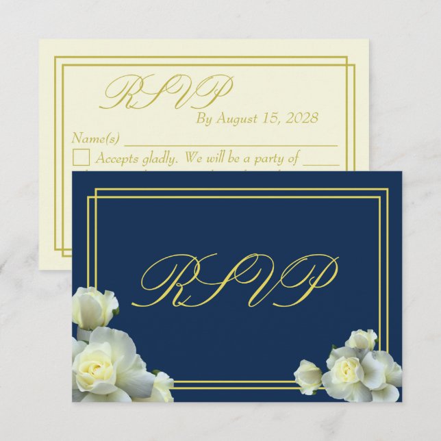 Elegant Navy Blue White Roses Minimal RSVP card (Front/Back)