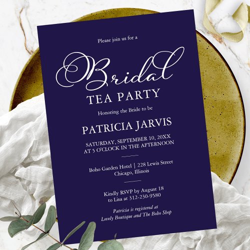 Elegant Navy Blue White Script Bridal Tea Party Invitation