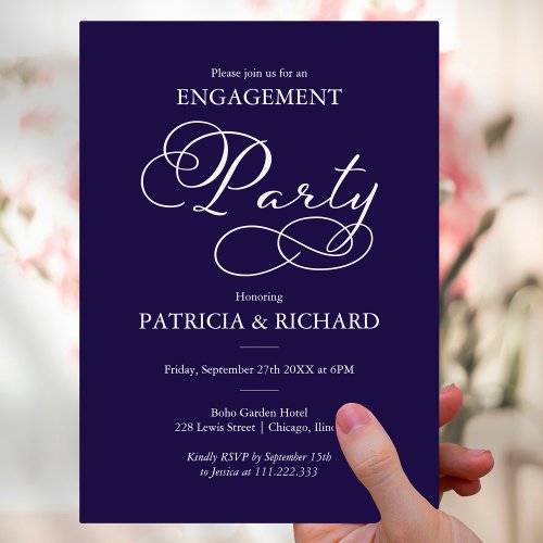 Elegant Navy Blue White Script Engagement Party Invitation