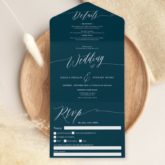 Elegant navy blue white script modern wedding all in one invitation (Creator Uploaded)