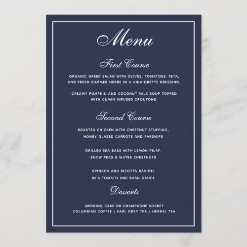 Elegant Navy Blue White Script Wedding Menu