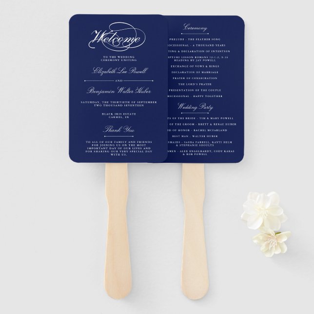 Elegant Navy Blue & White Script Wedding Program Hand Fan (Front and Back)