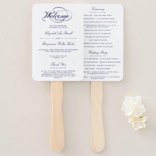 Elegant Navy Blue  White Script Wedding Program Hand Fan