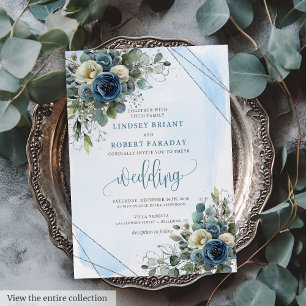 Elegant Navy Blue White Silver Floral Wedding Invitation