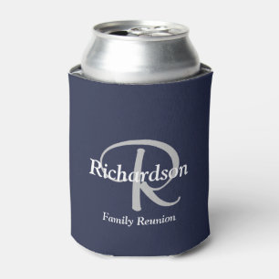 Elegant Navy Blue White Silver Gray Monogrammed Can Cooler