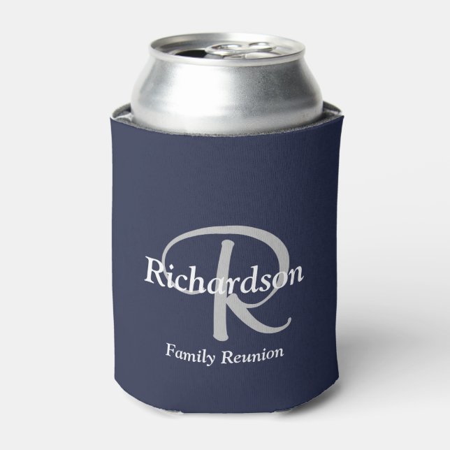 Elegant Navy Blue White Silver Gray Monogrammed Can Cooler (Can Front)