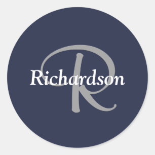 Elegant Navy Blue White Silver Gray Monogrammed Classic Round Sticker