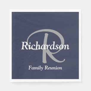 Elegant Navy Blue White Silver Gray Monogrammed Napkins