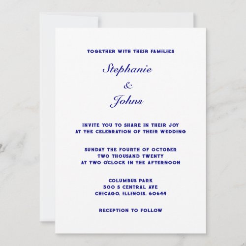 Elegant Navy Blue White Simple Minimal Wedding Invitation