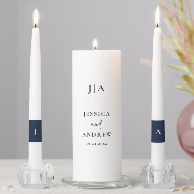 Elegant Navy Blue & White Simple Wedding Unity Candle Set (In Situ)