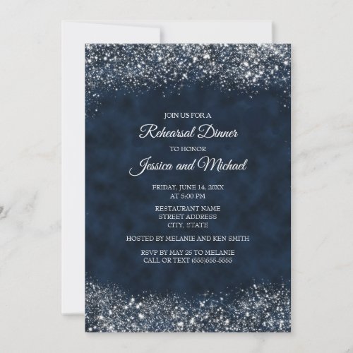 Elegant Navy Blue White Stardust Wedding Rehearsal Invitation