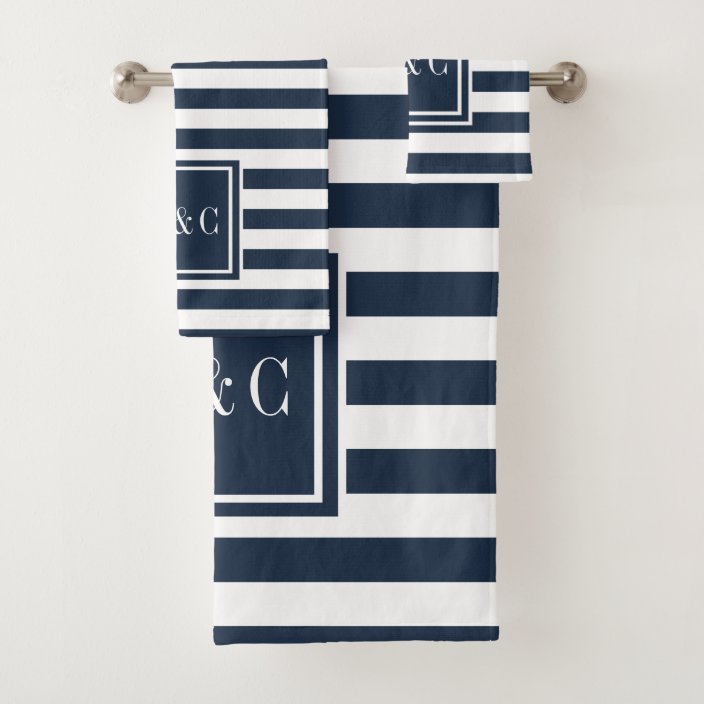 Elegant Navy Blue White Stripe Monogram Bath Towel Set