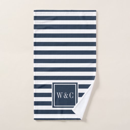 Elegant Navy Blue White Stripe Monogram Bath Towel Set | Zazzle