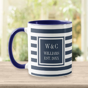 Elegant Navy Blue White Stripe Monogram Name Mug