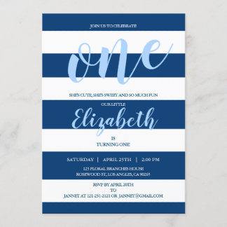 Elegant Navy Blue White Stripes Birthday Party Invitation