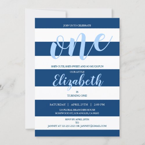 Elegant Navy Blue White Stripes Birthday Party Invitation