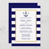Elegant Navy Blue White Stripes Nautical Wedding Invitation (Front/Back)