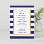 Elegant Navy Blue White Stripes Nautical Wedding Invitation (Standing Front)