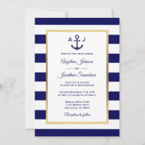 Elegant Navy Blue White Stripes Nautical Wedding Invitation