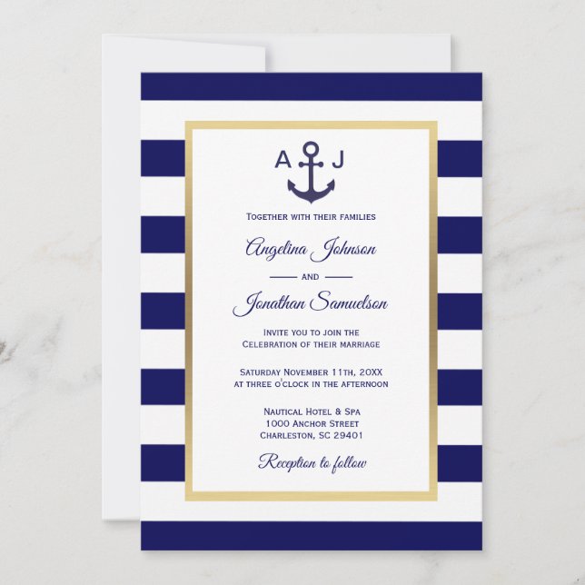 Elegant Navy Blue White Stripes Nautical Wedding Invitation (Front)