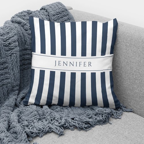 Elegant Navy Blue  White Stripes Pattern Name Throw Pillow