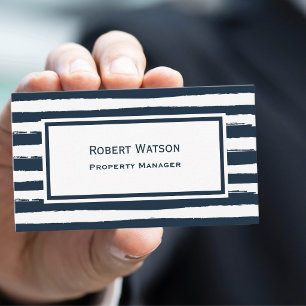 Elegant Navy Blue White Stripes QR-code Business Card