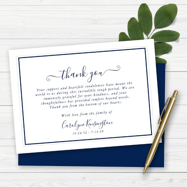 Elegant Navy Blue White Sympathy Thank You Card (Elegant Navy Blue White Sympathy Thank You Note Cards)