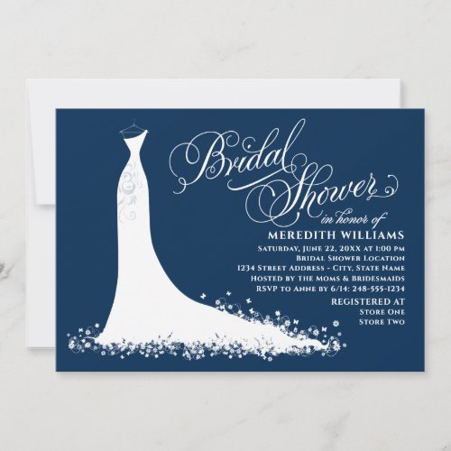 Elegant Navy Blue White Wedding Gown Bridal Shower Invitation
