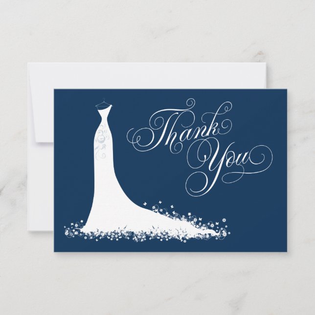 Elegant Navy Blue White Wedding Gown Bridal Shower Thank You Card (Front)
