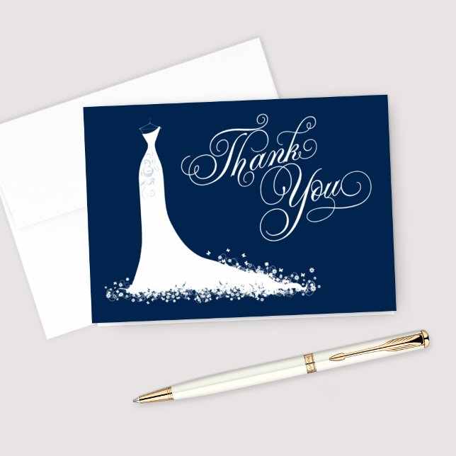 Elegant Navy Blue White Wedding Gown Bridal Shower Thank You Card