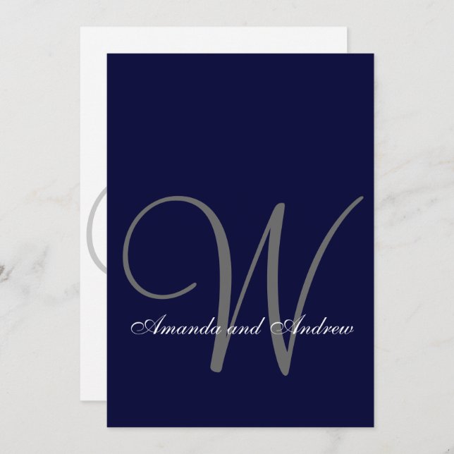 Elegant Navy Blue White Wedding Invitation Initial (Front/Back)