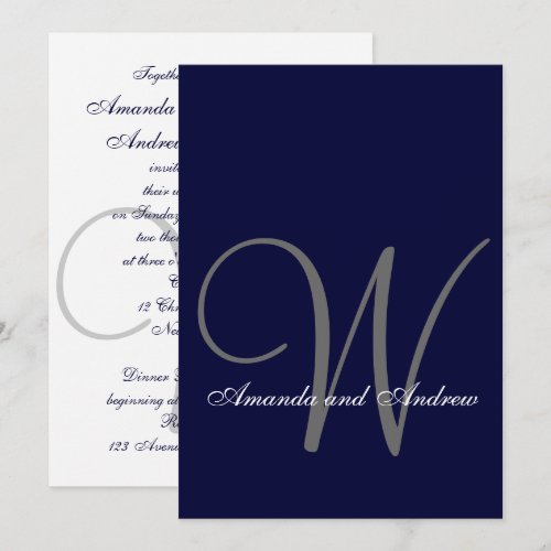 Elegant Navy Blue White Wedding Invitation Initial 5" X 7" Invitation Card