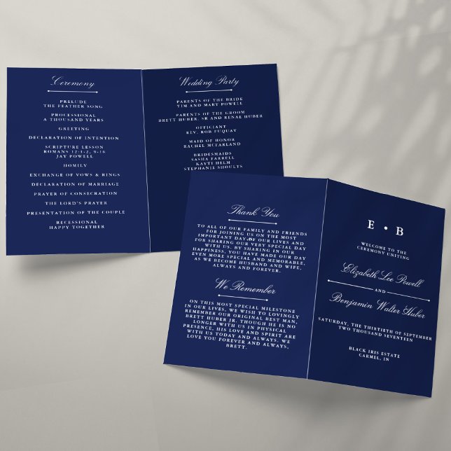 Elegant Navy Blue & White Wedding Program Template (Creator Uploaded)