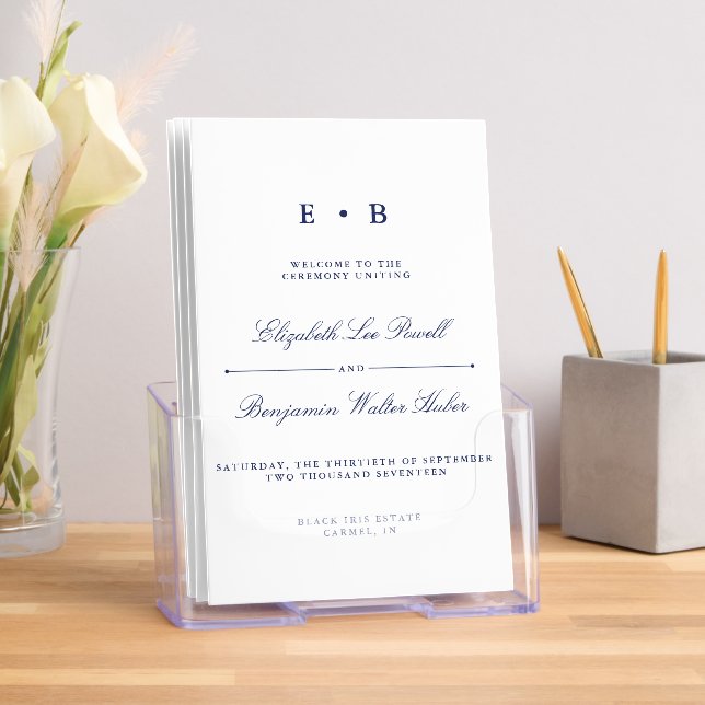 Elegant Navy Blue & White Wedding Program Template Brochure (Insitu)